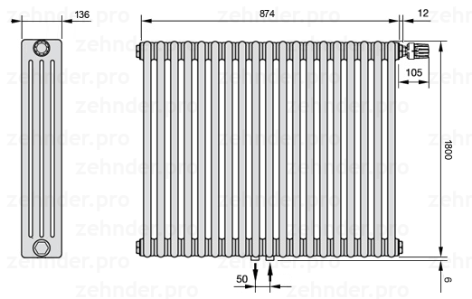 Схема (чертеж) Радиатор Zehnder Charleston 4180/19 №V008 Белый глянцевый RAL 9016